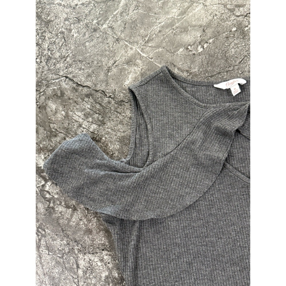 Candies Ruffle Front Stretchy Cold‎ Shoulder Ribbed Top Keyhole Ruched Gray M - Picture 4 of 10